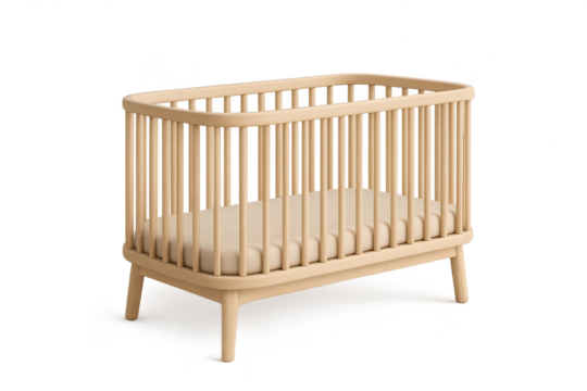 Modern wooden baby crib with mattress, isolated on transparent background