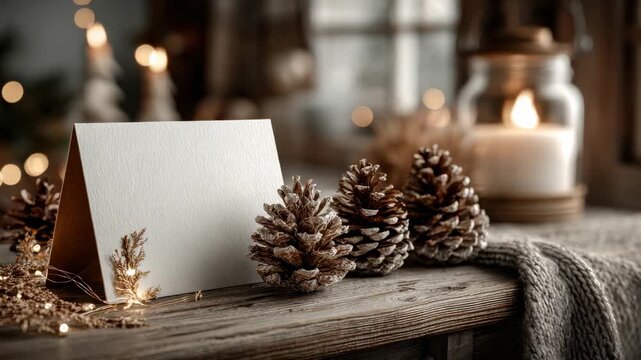 Simple holiday greeting card display with pinecones and cozy decor in a warm, inviting setting