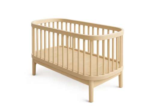 Modern light wood oval baby crib isolated on transparent background, clean design