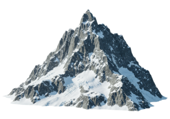 hyper-detailed 3d render of jagged alpine mountain peaks showing geological stratification, light snow, and ice textures, isolated on a transparent background with vast copy space, concept of natural