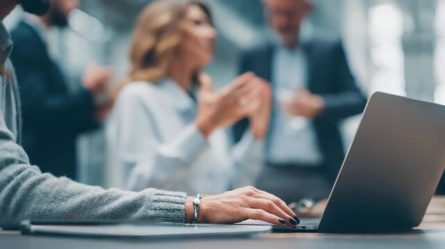 Business professionals engage in collaborative discussions with a laptop at a modern workspace during a meeting
