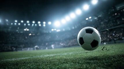 Naklejka premium Dynamic Close-Up of a Soccer Ball Rolling on a Vibrant Field Under Stadium Lights with Exciting Crowd in the Background