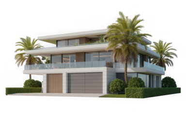 Modern luxury villa with palm trees, glass balconies and contemporary architecture isolated on transparent background