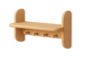 Wooden wall shelf with four hooks, isolated on transparent background