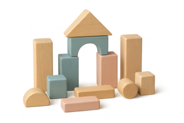 Wooden pastel building blocks forming a house on transparent background