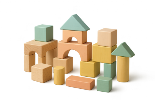 Pastel wooden building blocks structure isolated on transparent background