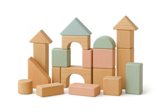 Wooden building blocks forming a small castle, isolated on transparent.
