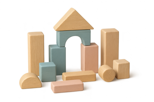 Wooden pastel building blocks forming a house on transparent background