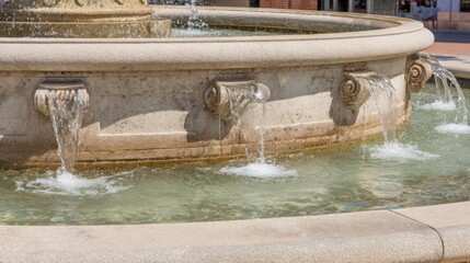 Neoclassical stone water fountain in town plaza, flowing water and mist creating serene atmosphere.