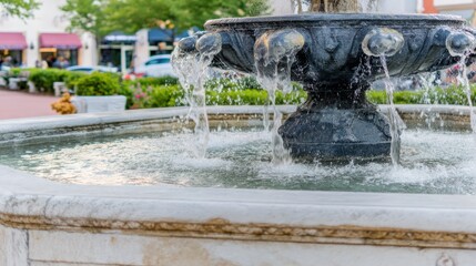 Classical stone fountain sculpture in a public square, water streaming from carved crevices.