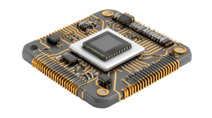 Close up of a complex electronic microchip integrated circuit isolated on transparent background