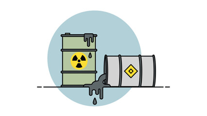 Leaking Hazardous Waste Barrels Illustration. Toxic Spill from Drums with Radiation and Caution Symbols, Representing Pollution and Environmental Danger.