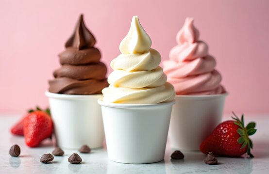 Three cups of creamy icecream. Chocolate, vanilla, strawberry flavors. Strawberries, chocolate chips near ice cream cups. Sweet dessert treat concept for summer holidays picnic party. Tasty