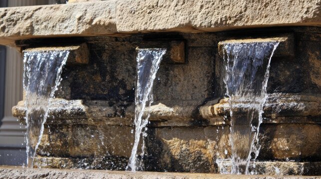 A classical stone water fountain sculpture in a town square, water flowing from its crevices. real-estate listings.