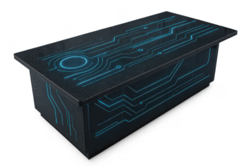 Futuristic black table, blue circuits, isolated transparent background.