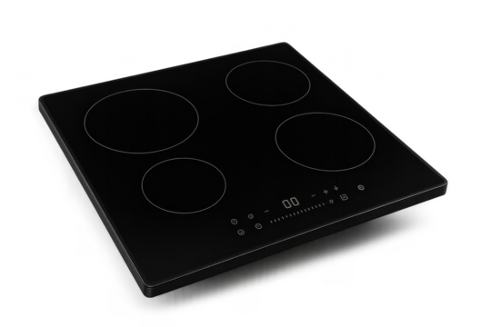 Modern black induction cooktop appliance for kitchen, isolated on transparent background