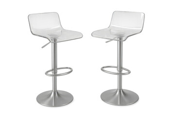 Two transparent acrylic bar stools, metal base, isolated on clear background.