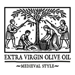 Medieval style illustration depicting traditional olive harvesting, engraving woodcut design isolated on white background.