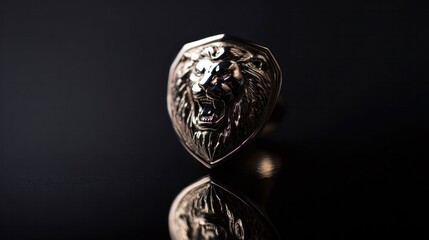 The polished metal lion emblem is isolated on a black background with a silver metallic sheen. Conservation activities aim to tell the story of ecotourism.