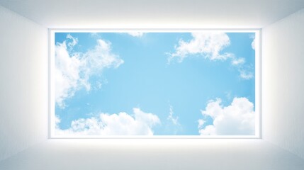 Rectangular sunroof framing moving clouds against a blue sky, minimalist architectural detail. real-estate listings.