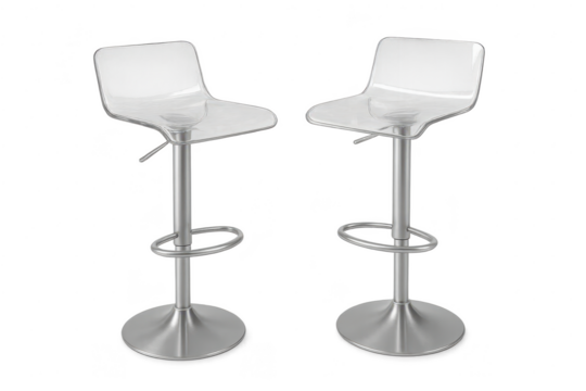 Two transparent acrylic bar stools, metal base, isolated on clear background.