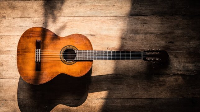 Acoustic guitar on a white surface with subtle shadows, minimalist style. safety posters, maintenance manuals, designed for precision metalworking and fabrication facilities.