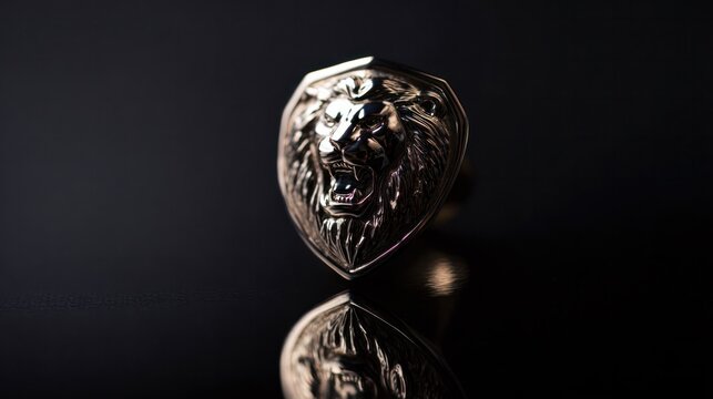 The polished metal lion emblem is isolated on a black background with a silver metallic sheen. Conservation activities aim to tell the story of ecotourism.