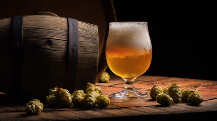 A frosted beer glass is surrounded by wooden barrels and hop cones in a cozy tavern setting. bar promotions, beverage menus, designed for product packaging and bar promotions.