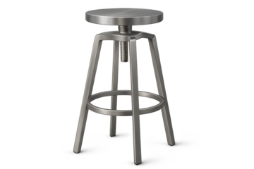 Adjustable industrial metal bar stool on transparent background, modern design.