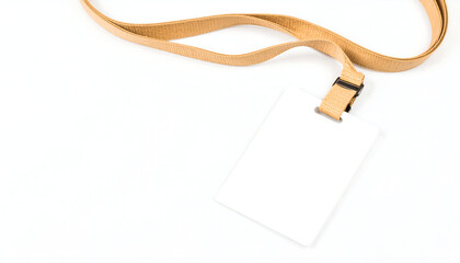 Blank white name tag or ID card with a beige fabric lanyard, presented on an isolated transparent background for clear visibility and easy customization.