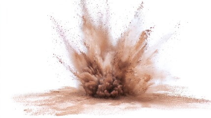 The brown powder explosion produces a dynamic dust cloud against a clean white background.