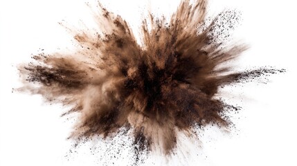 Brown powder explosion creating a dynamic dust cloud against a clean white background. STEM education sheets, lab safety posters, designed for STEM education and laboratory safety posters.