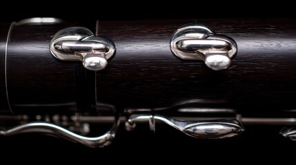A dark wood bassoon with silver keys, showcasing its elegant curves in a close-up view. tutorial guides, club newsletters, designed for sports & leisure club marketing.