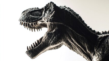 Detailed T-Rex figurine close-up on white background with dramatic lighting to enhance texture. wildlife magazines, conservation campaigns, designed for eco-tourism storytelling.