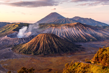 Bromo volcano during sunrise in Bromo Tengger Semeru National Park, East Java, Indonesia.