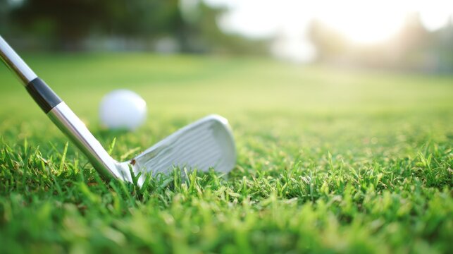 Golf club resting on lush green grass with a ball nearby, highlighting the sport's essence. event key visuals, club posters, designed for sports event promotions and stadium branding.