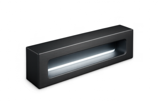 Modern black rectangular LED light lamp isolated on transparent background.
