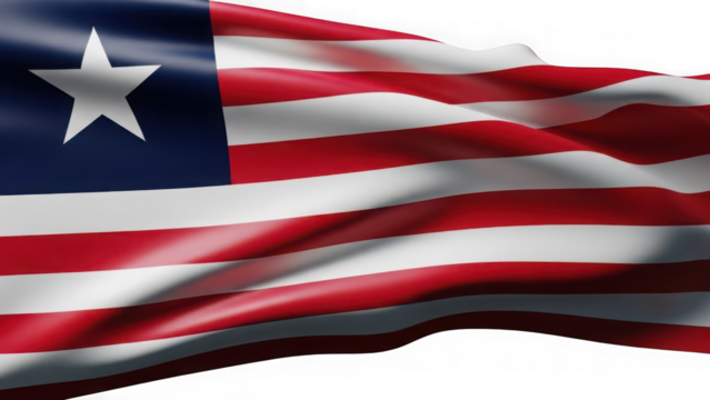 Waving flag of liberia with a white star on a blue canton and red and white stripes, isolated on transparent background