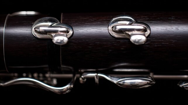 A dark wood bassoon with silver keys, showcasing its elegant curves in a close-up view. tutorial guides, club newsletters, designed for sports & leisure club marketing.