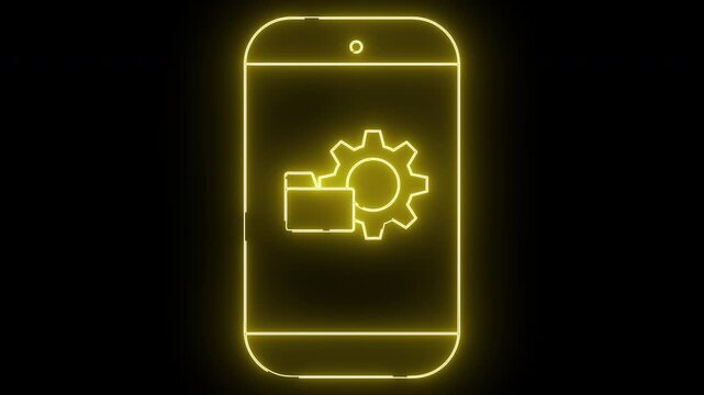 Yellow neon phone with a file folder and gear icon displayed on its screen against a black background