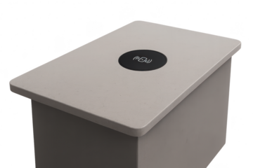 Grey pedestal with wireless charging pad, isolated on transparent background.