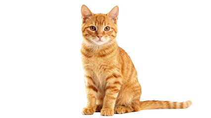 Obraz premium Cute orange tabby cat sitting calmly against a plain white background