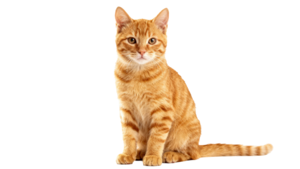 Cute orange tabby cat sitting calmly against a plain white background