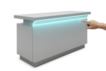 Modern desk, blue LED light, hand touch, isolated transparent background.