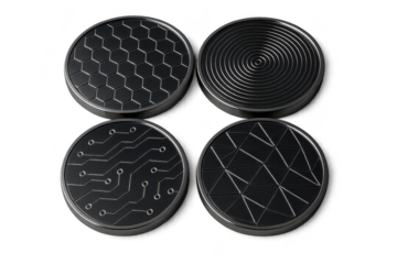 Four metallic disks with diverse geometric patterns, isolated subject.