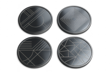 Metal tokens, geometric patterns, isolated on transparent background, art.
