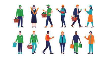 Modern Vector Illustration Set of Diverse People Shopping Groceries, Holding Bags and Baskets