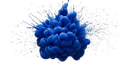 Blue ink explosion in water creating abstract cloud shape with particles