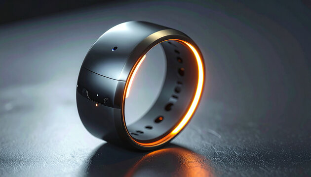 Glowing smart ring on a surface: A close-up shot of a modern, technological, sleek smart ring resting on a metallic surface, the ring emits a warm, inviting glow. - Powered by Adobe