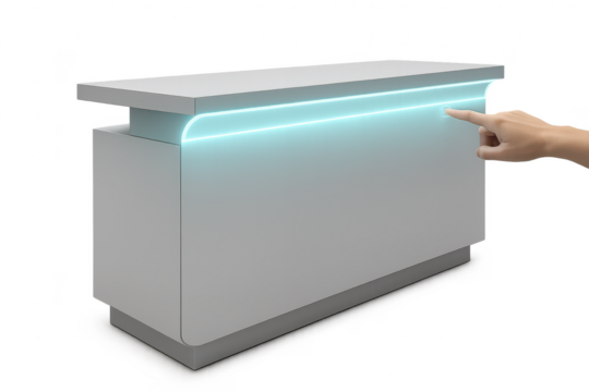 Modern desk, blue LED light, hand touch, isolated transparent background.